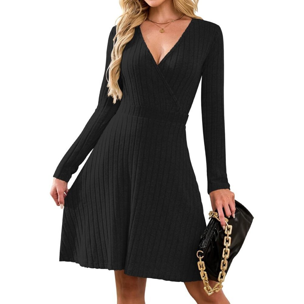 Womens Fall Sweater Dress V Neck Long Sleeve A Line Wrap Casual Knit Small